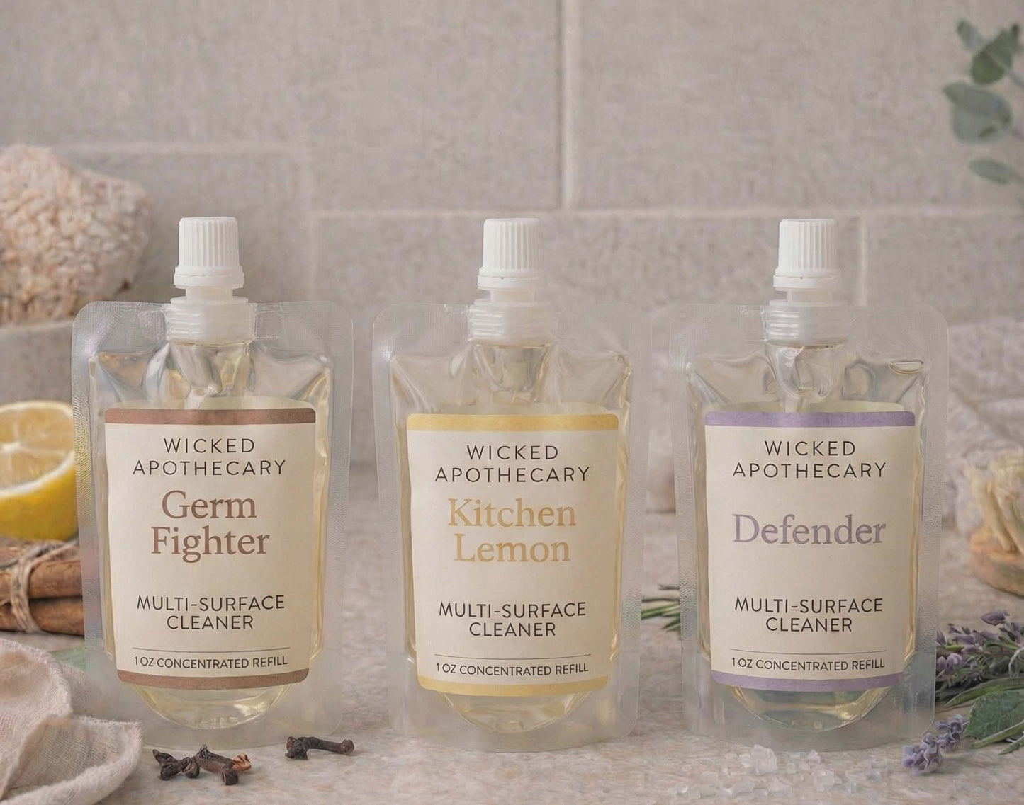 Three bottles of Wicked Apothecary multi-surface cleaners on a bathroom counter.