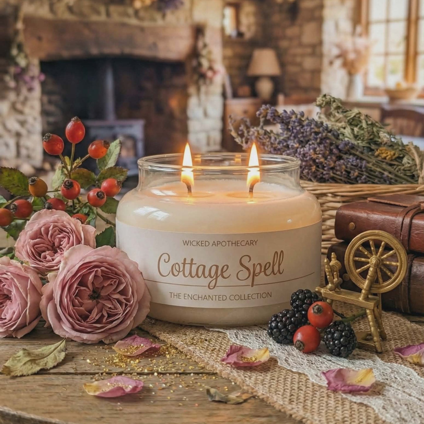 Candle labeled 'Cottage Spell' on a wooden table with flowers and decorative items.