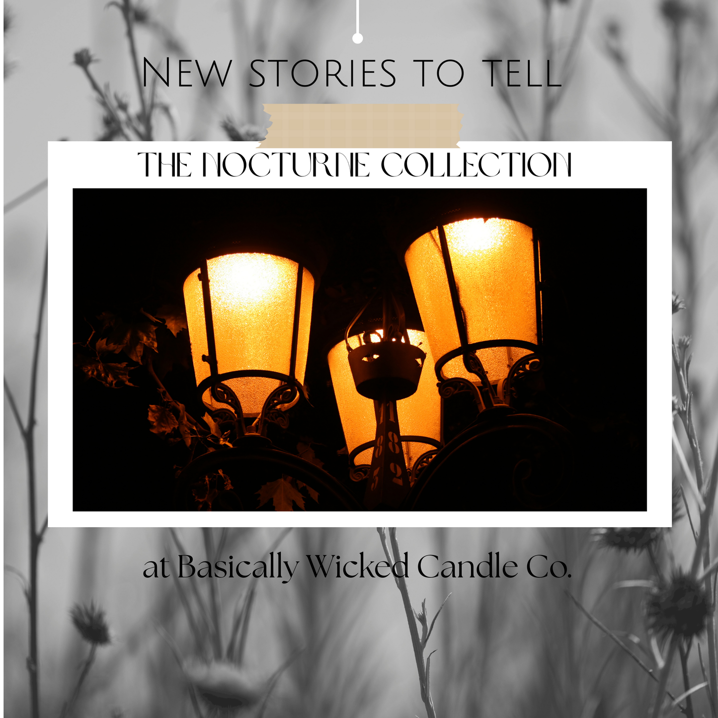 Candle advertisement with 'New Stories to Tell' and 'The Nocturne Collection' text, featuring a candlelit scene.