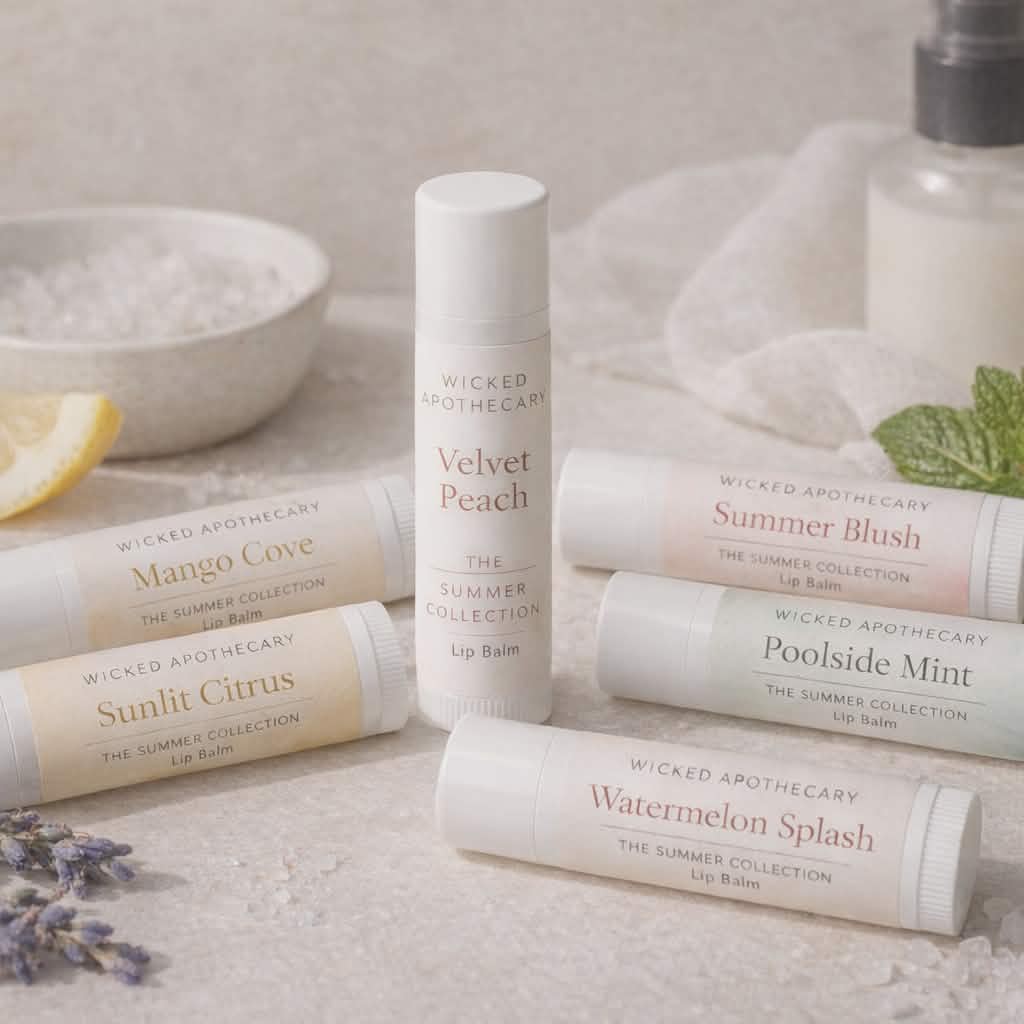 Collection of Wicked Apothecary lip balms on a textured surface with a lemon and lavender.