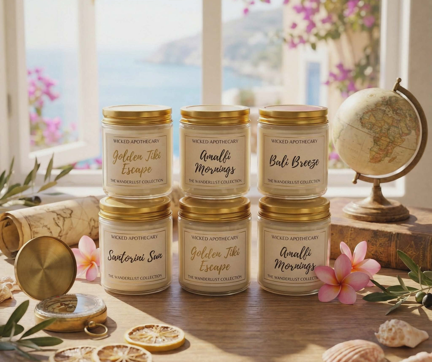 Collection of candles with gold lids on a wooden surface with decorative elements.