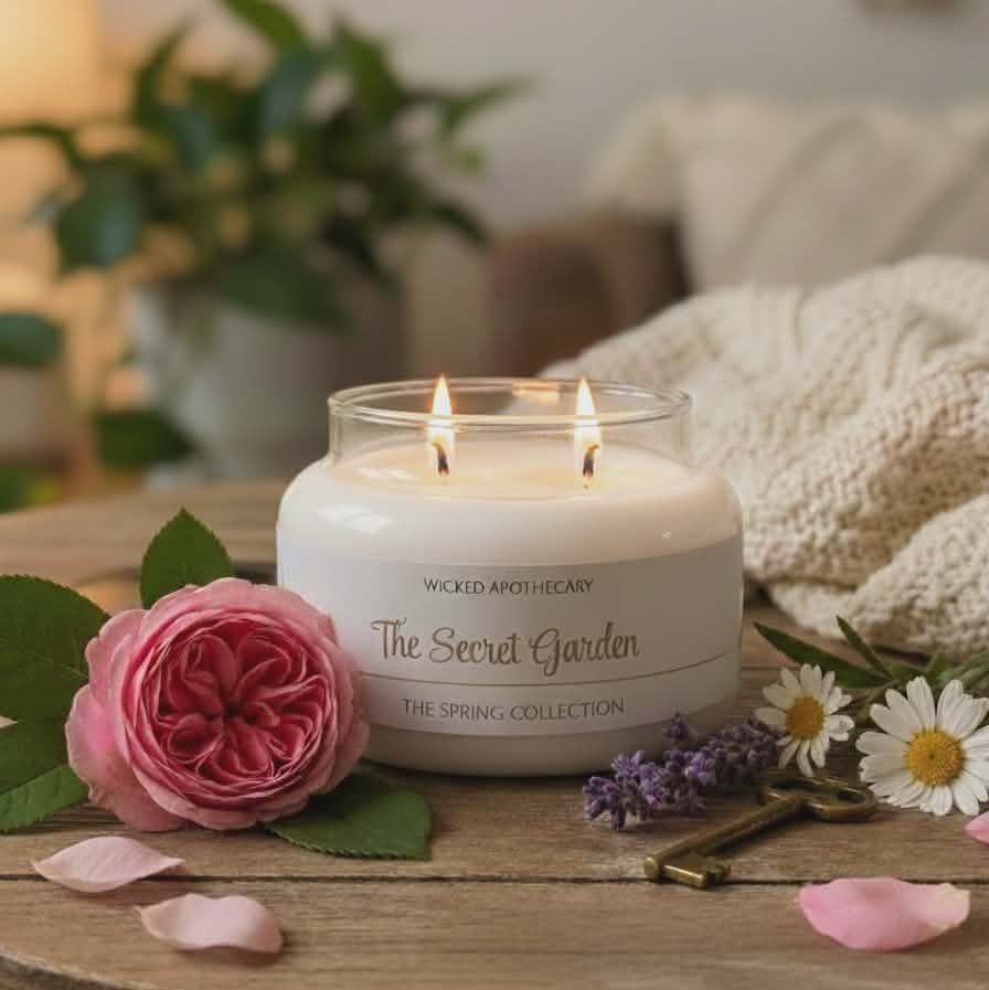 Candle labeled 'The Secret Garden' on a wooden table with flowers and a key.