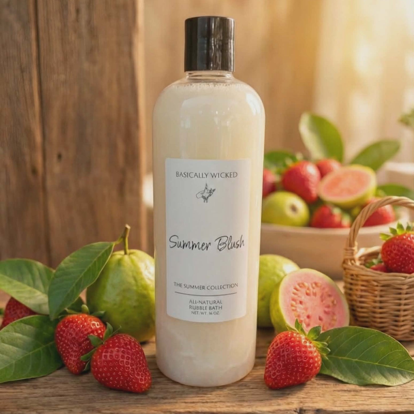 Bottle of 'Summer Blush' body wash with fruits and berries on a wooden surface