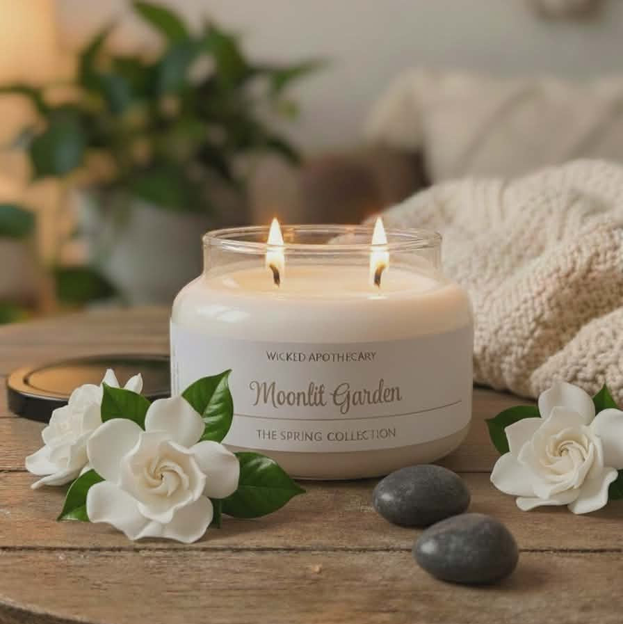 Candle with 'Moonlit Garden' branding on a wooden surface with flowers and stones.