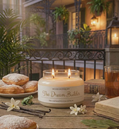 Candle labeled 'The Dream Butler' on a table with pastries and a book in an outdoor setting.