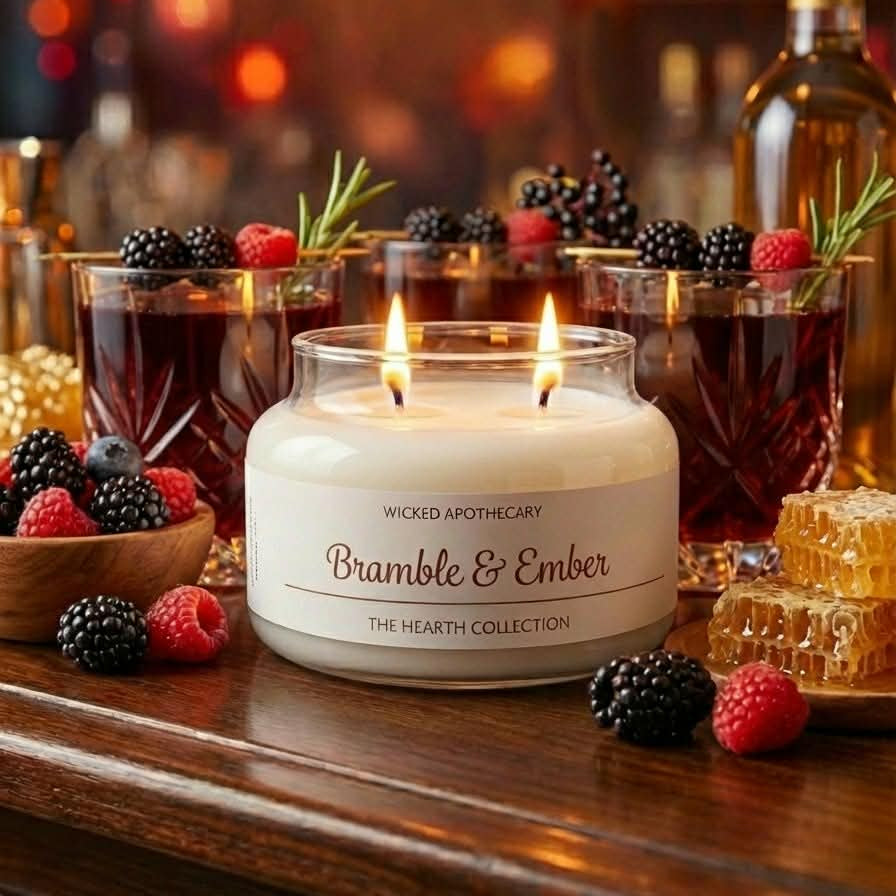 Candle labeled 'Bramble & Ember' on a bar counter with drinks and berries.
