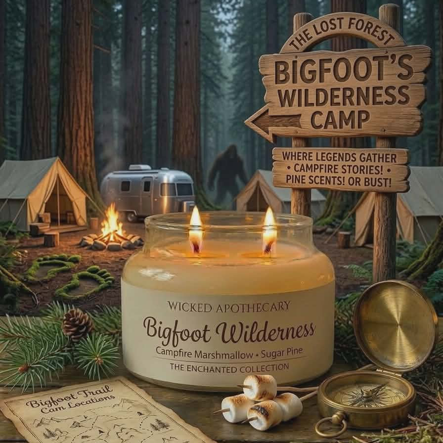 Wicked Apothecary Bigfoot Wilderness candle on a table with camping-themed decor in a forest setting.