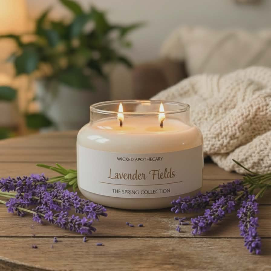 Candle labeled 'Lavender Fields' from Wicked Apothecary on a wooden table with lavender flowers.