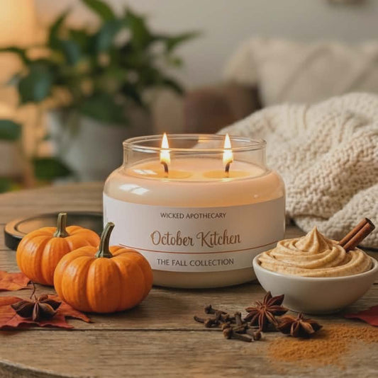Candle labeled 'October Kitchen' from Wicked Apothecary on a table with pumpkins and spices.