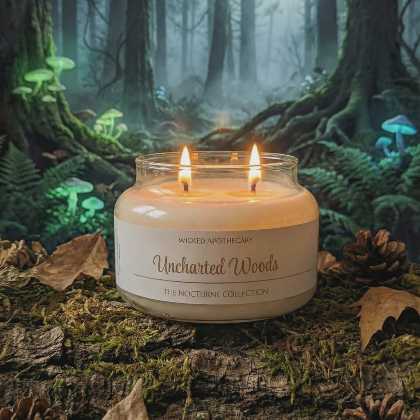 Candle labeled 'Uncharted Woods' on a forest floor with trees and foliage in the background