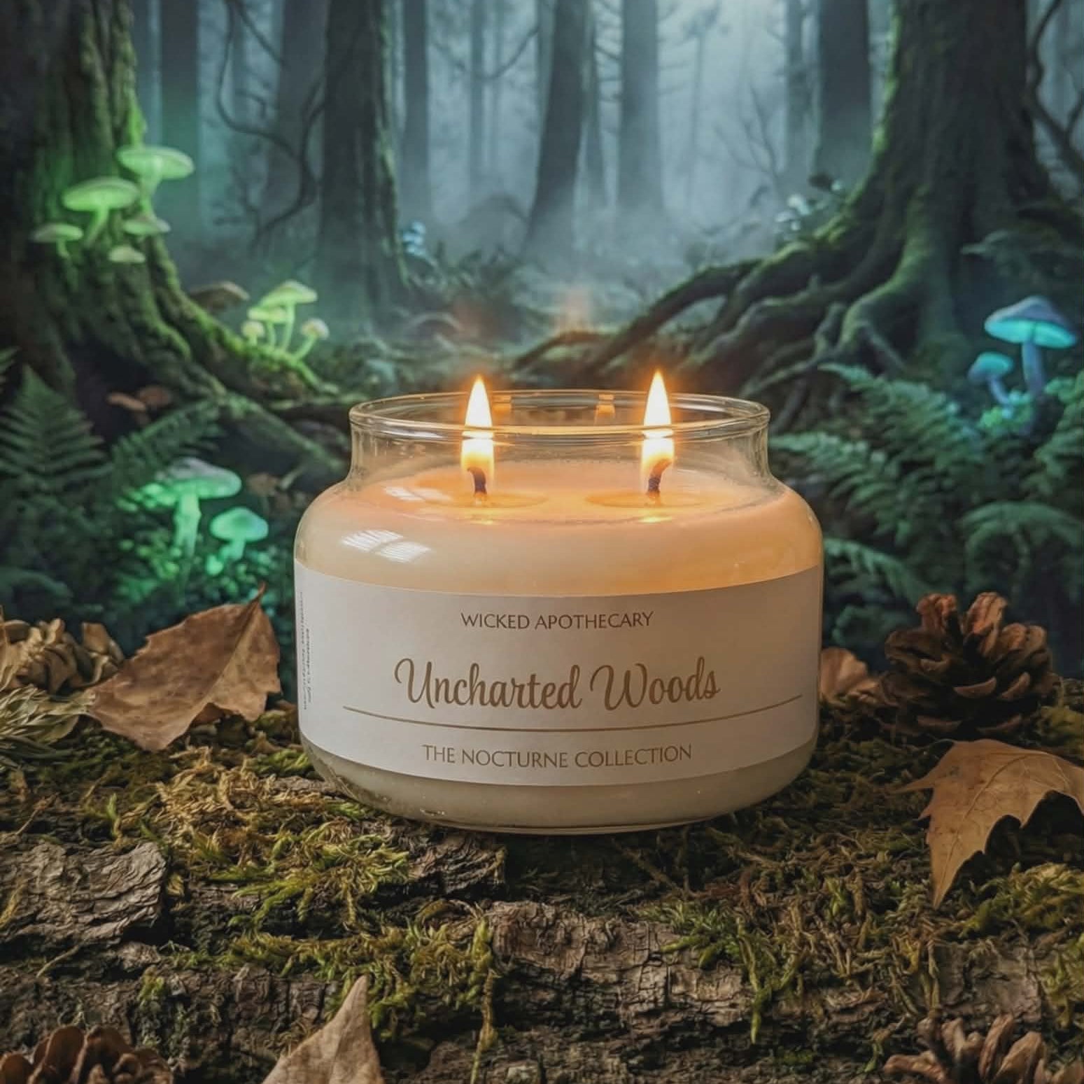 Candle labeled 'Uncharted Woods' on a forest floor with trees and foliage in the background