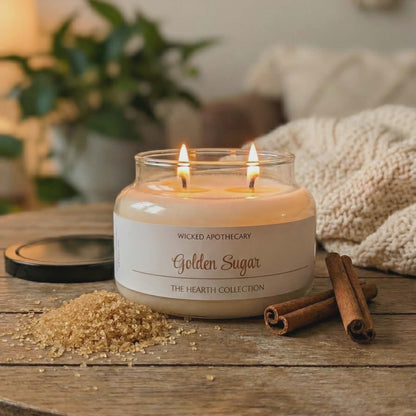 Candle labeled 'Golden Sugar' from Wicked Apothecary on a wooden table with cinnamon sticks and brown sugar.