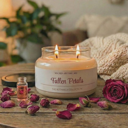 Candle with 'Wicked Apothecary' branding on a wooden table with flowers and a blurred background