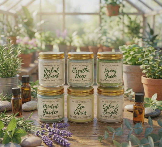 Collection of candles with labels in a greenhouse setting
