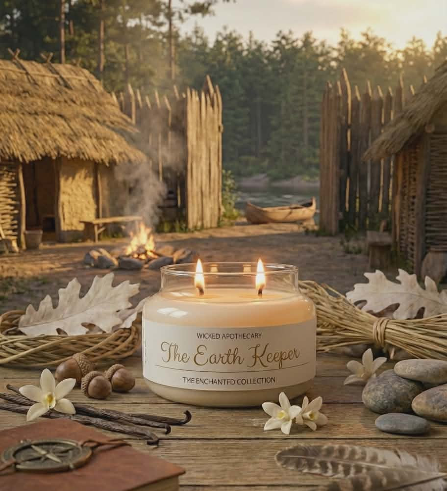 Candle labeled 'The Earth Keeper' on a wooden surface with rustic background