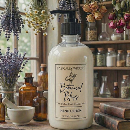 Hand lotion bottle labeled 'Basically Wicked Botanical Bliss' on a wooden table with botanical decorations.