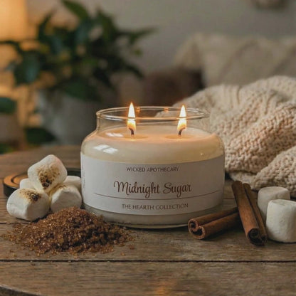 Candle labeled 'Midnight Sugar' on a wooden table with marshmallows, cinnamon sticks, and a blurred background.