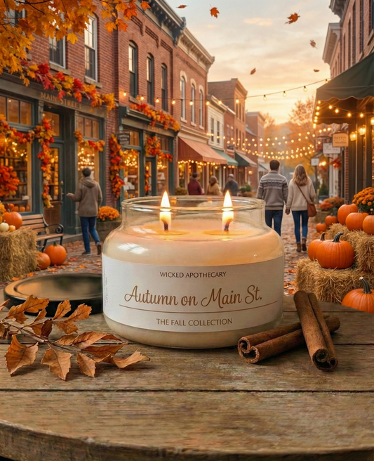 Wicked Apothecary candle labeled 'Autumn on Main St' with a fall-themed street scene in the background.