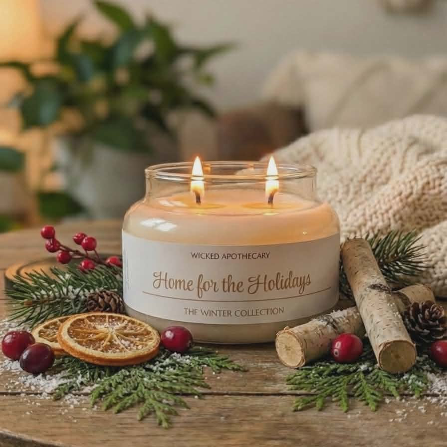 Candle labeled 'Home for the Holidays' from Wicked Apothecary on a wooden table with festive decorations.