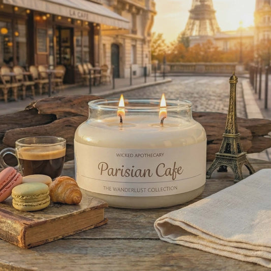 Candle labeled 'Parisian Cafe' with a view of the Eiffel Tower in the background