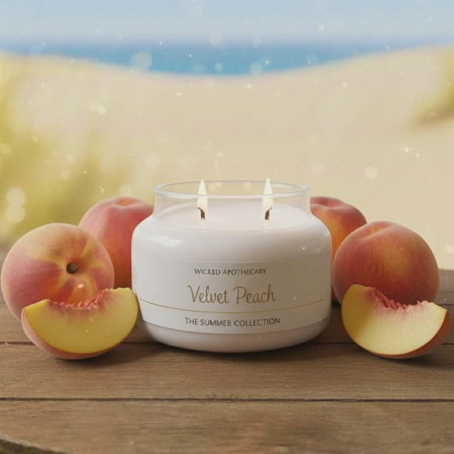 Wicked Apothecary Velvet Peach candle with peaches on a wooden surface