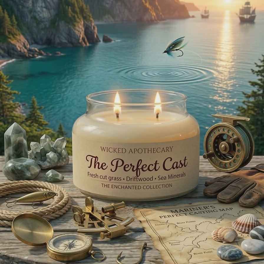 Candle labeled 'The Perfect Cast' on a wooden surface with a scenic background of a lake and mountains.