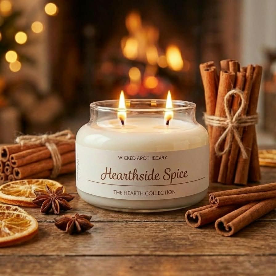 Hearthside Spice candle with cinnamon sticks and oranges on a wooden surface in front of a fireplace.