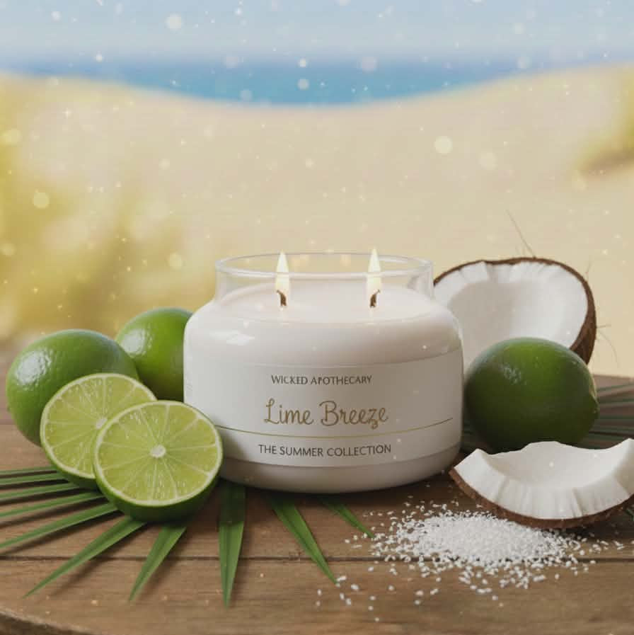 Candle labeled 'Lime Breeze' with limes and coconuts on a wooden surface with a beach background.