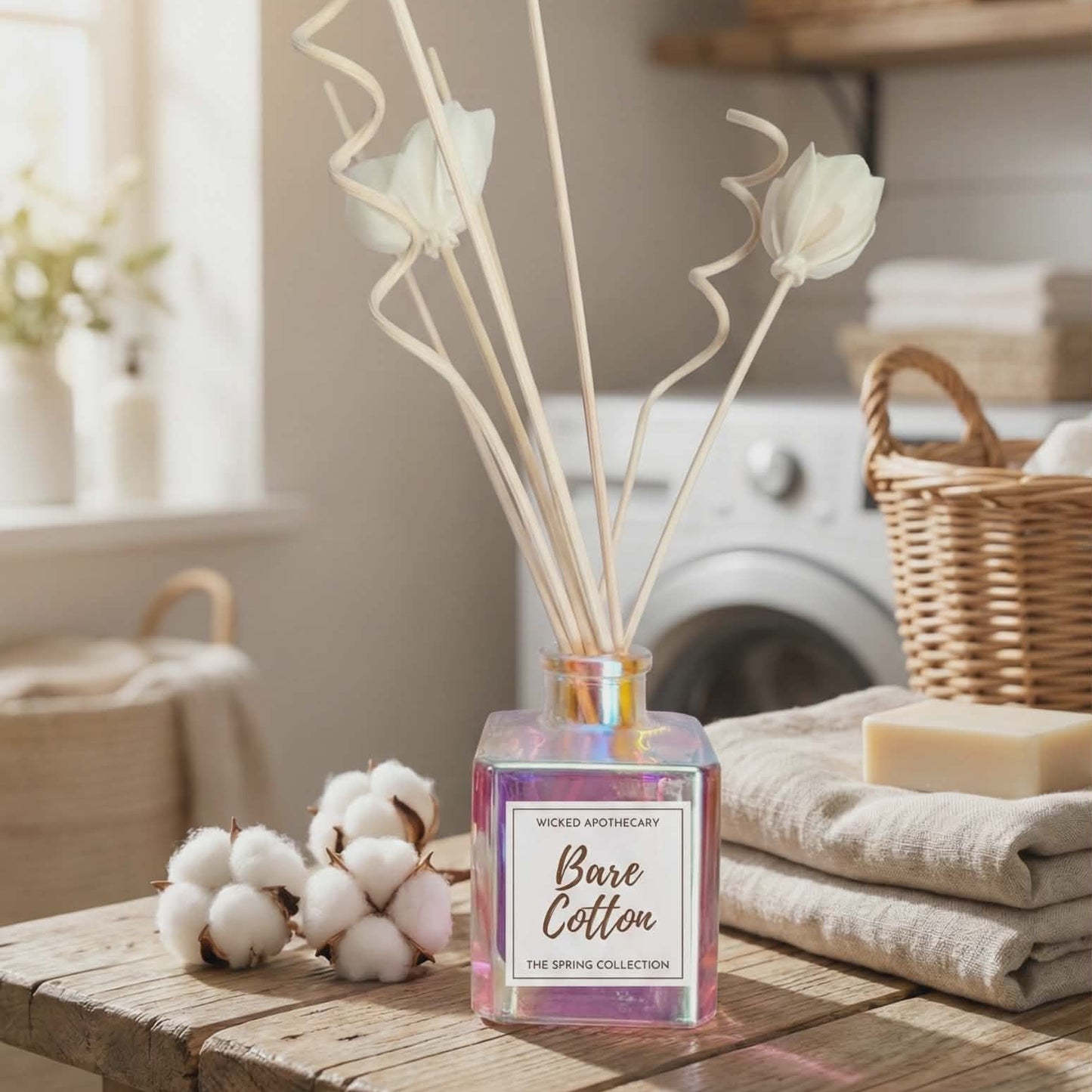 Bare Cotton diffuser on a wooden table with laundry in the background