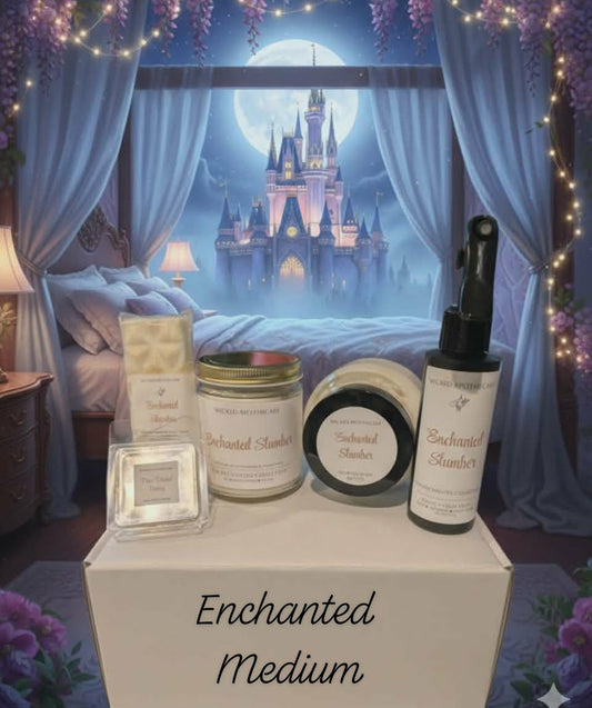 Decorative setup with candles and bottles labeled 'Enchanted Medium' in front of a castle view.
