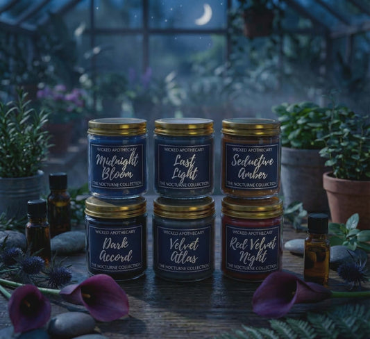Collection of candles with labels in a nighttime setting with plants and flowers.