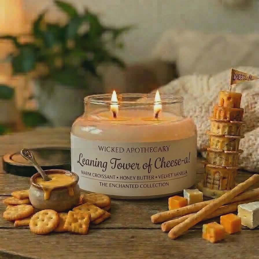 Candle labeled 'Wicked Apothecary' on a table with crackers and cheese.