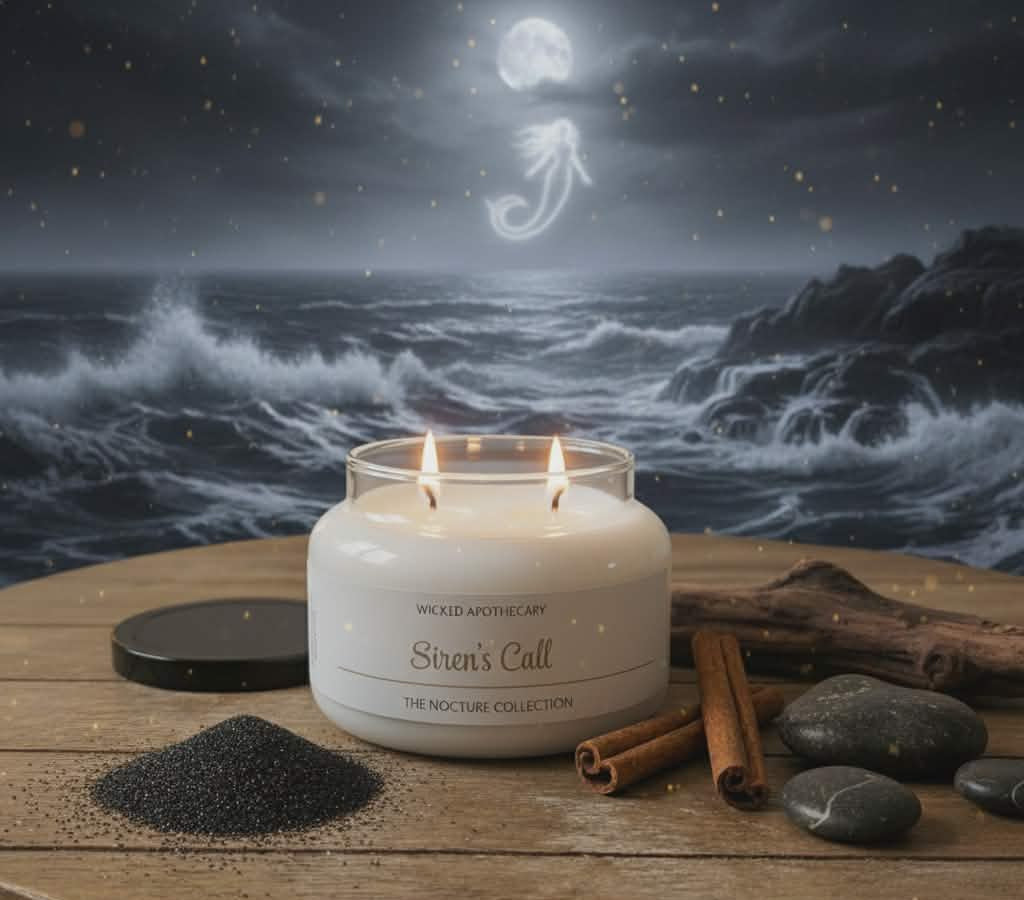 Candle labeled 'Siren's Call' on a wooden surface with a mystical background of waves and moon.