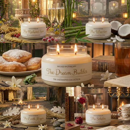 Candles labeled 'The Dream Builder' and other scented candles on a decorative table with books and flowers.