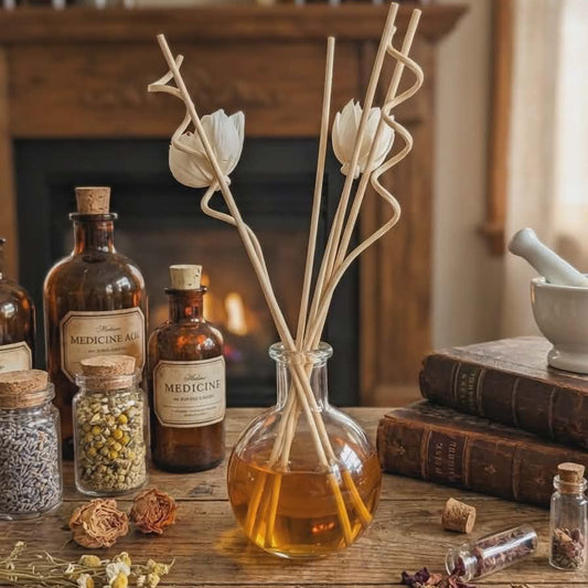 Reed diffuser with botanicals on a wooden surface with vintage bottles and books in the background.