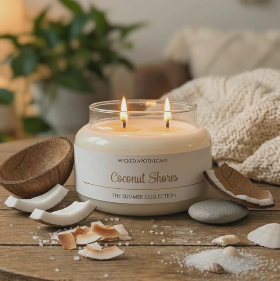 Wicked Apothecary coconut shores candle on a wooden table with coconut shells and a plant in the background