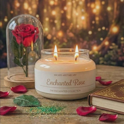 Wicked Apothecary Enchanted Rose candle with a red rose under a glass dome on a wooden surface.