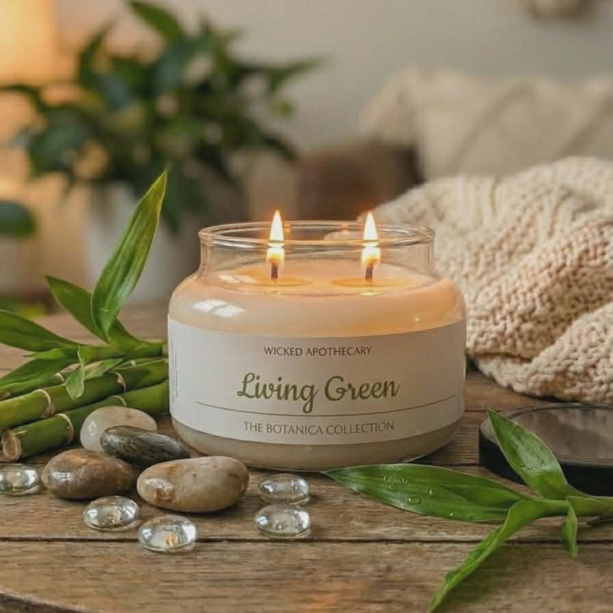 Wicked Apothecary candle labeled 'Living Green' on a wooden surface with plants and stones.