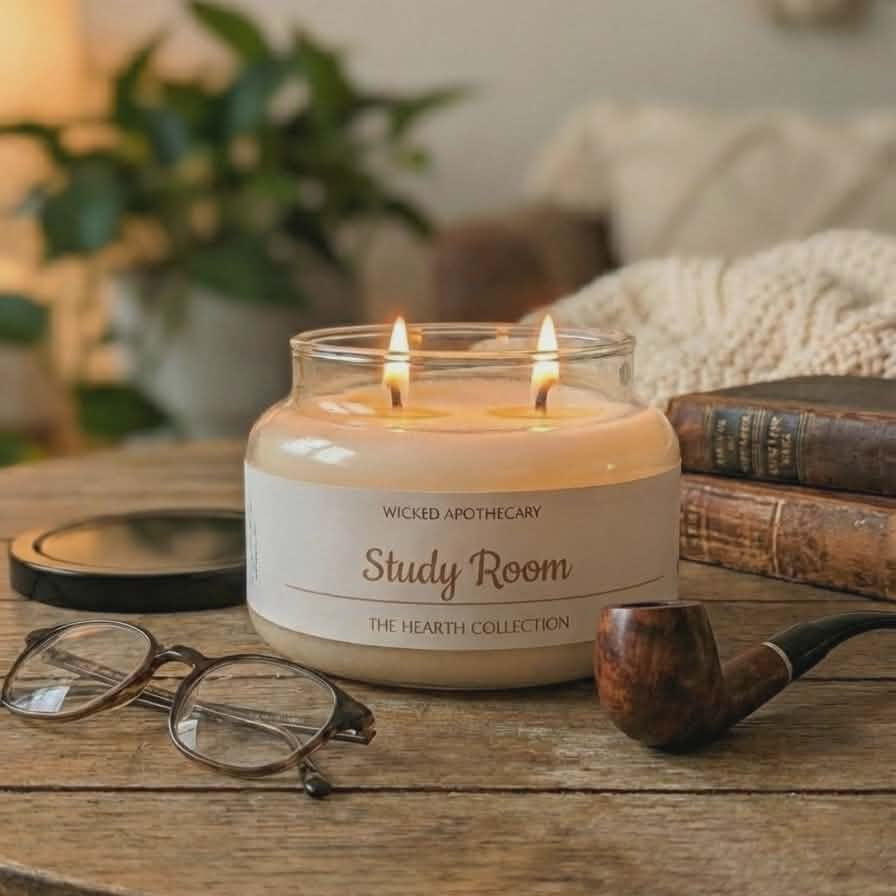 Candle labeled 'Study Room' from Wicked Apothecary on a wooden table with glasses and a pipe.