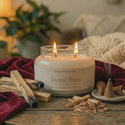 Candle labeled 'Sacred Burn' on a wooden table with wooden sticks and a blurred background