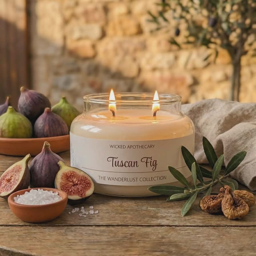 Wicked Apothecary Tuscan Fig candle on a wooden table with figs and olive branches.