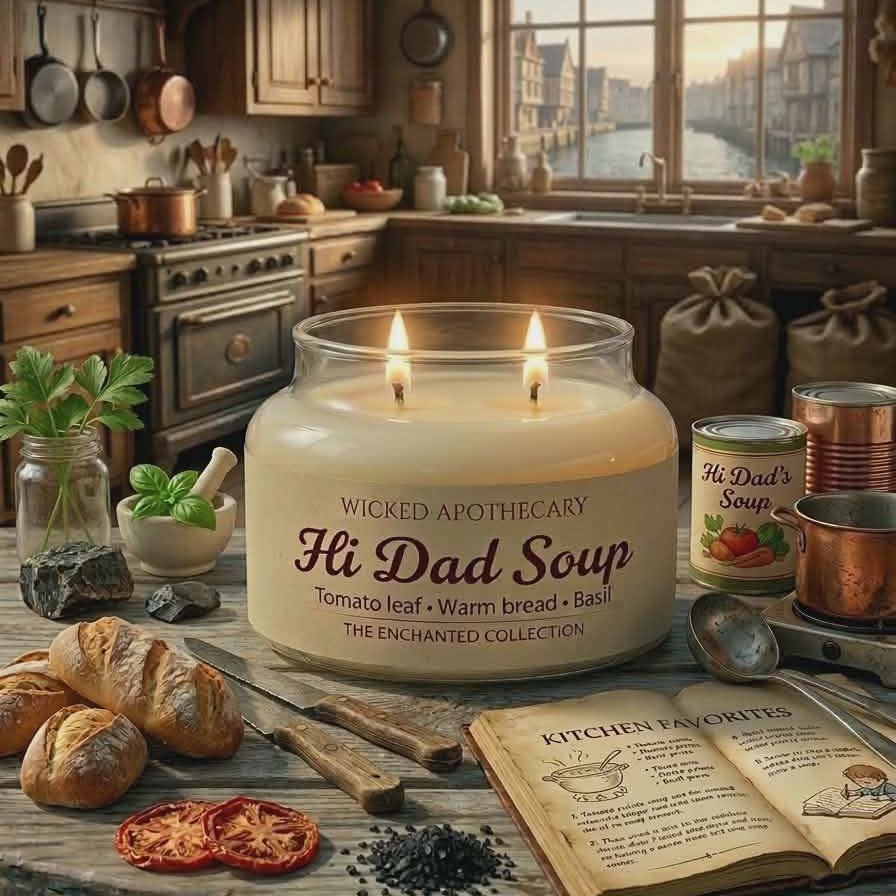 Candle labeled 'Hi Dad Soup' on a rustic kitchen counter with bread and an open book.