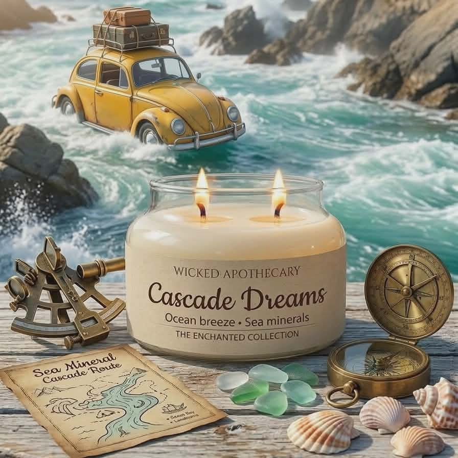Wicked Apothecary candle with ocean-themed packaging and elements on a coastal background