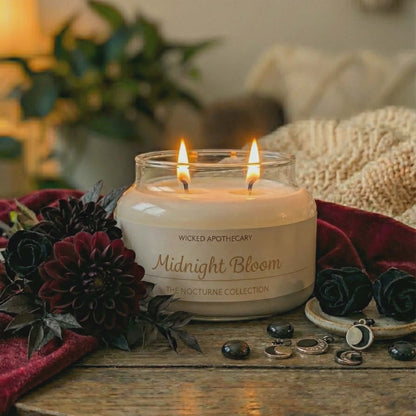 Candle labeled 'Midnight Bloom' on a wooden table with decorative elements.