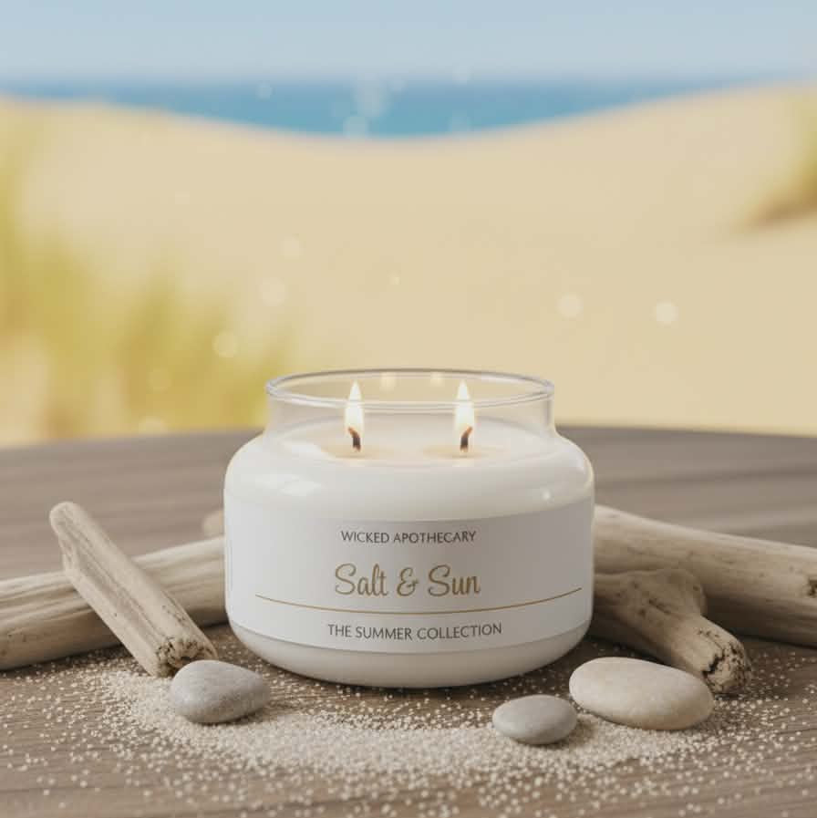 Candle labeled 'Salt & Sun' from Wicked Apothecary on a sandy background