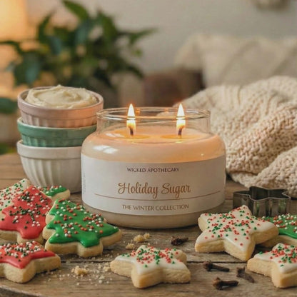 Wickled Apothecary 'Holiday Sugar' candle with Christmas cookies on a wooden table.