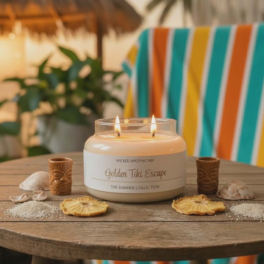 Candle labeled 'Golden Tiki Escape' on a wooden table with a tropical setting.