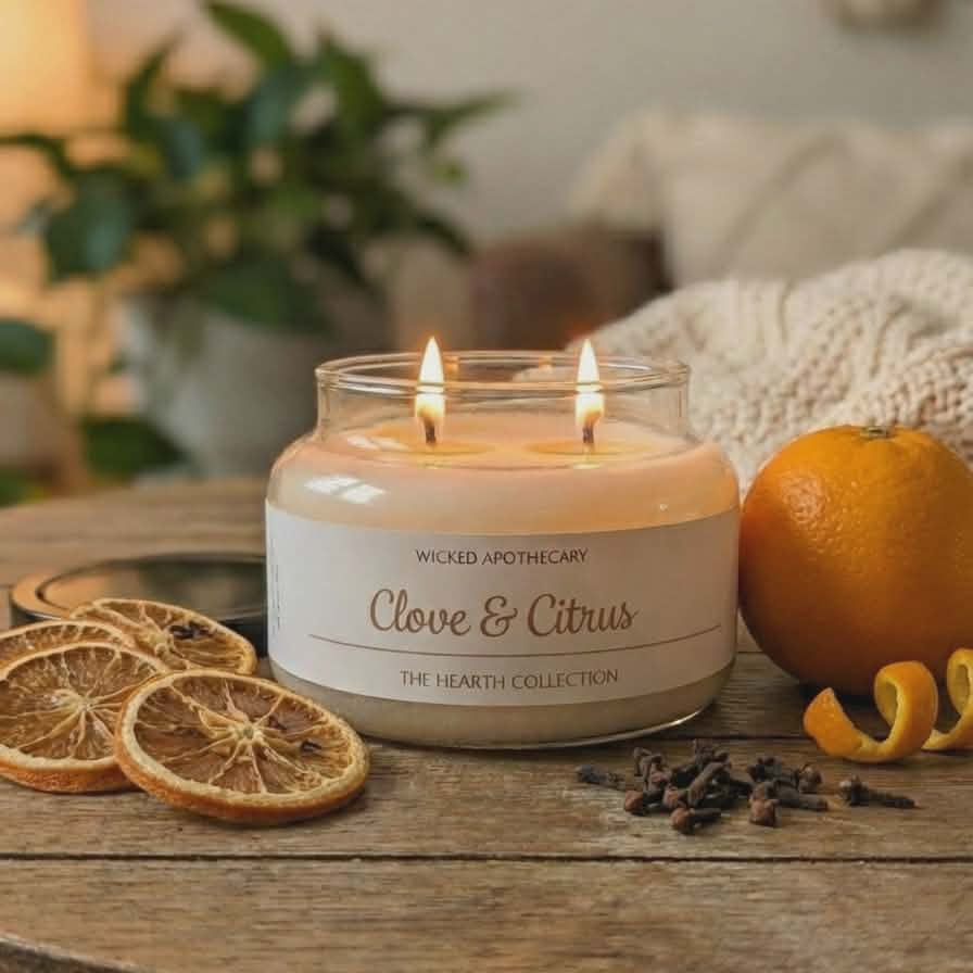 Candle in a glass jar labeled 'Clove & Citrus' on a wooden table with dried oranges and spices.