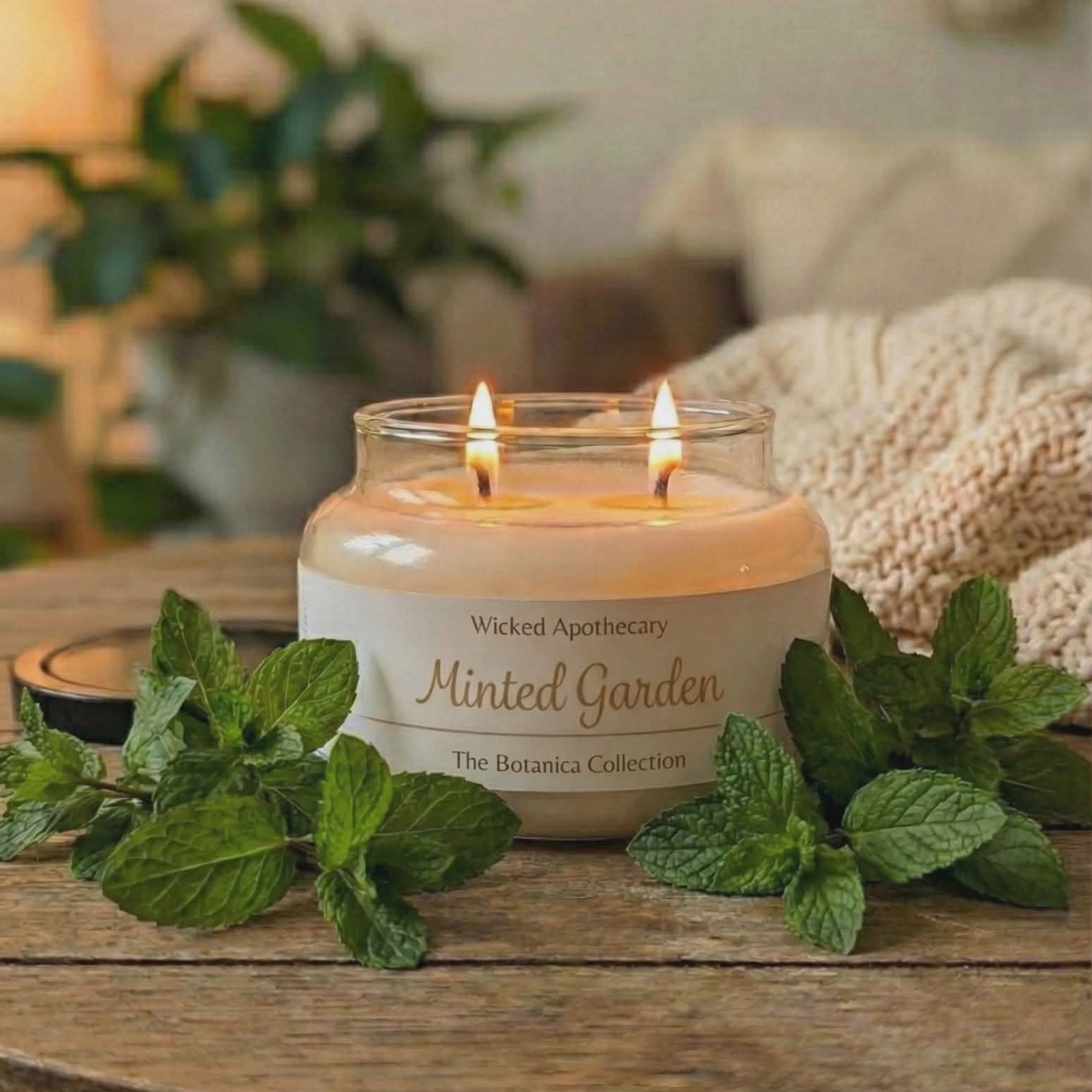 Candle labeled 'Minted Garden' from Wicked Apothecary on a wooden surface with mint leaves.