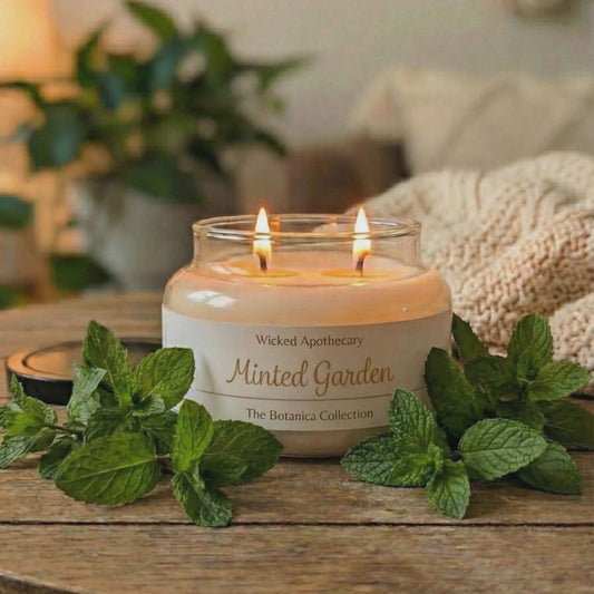 Candle labeled 'Minted Garden' from Wicked Apothecary on a wooden surface with mint leaves.